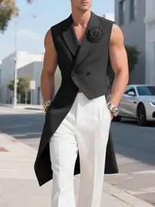 INCERUN Men's Fashion 3D Flower Design Sleeveless Irregular Hem Mid-Length Suit Jacket, Stylish and Comfortable, Suitable For Daily Wear