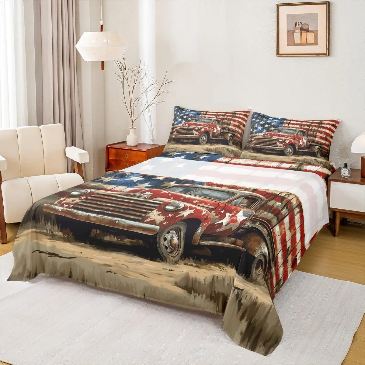 Retro Truck Sheet Set,Old Style American Flag Bedding Set,Farmhouse Car Bed Sheets Teens Room Decor Red Blue Brown Soft Polyester ( Flat & Fitted Sheet with )