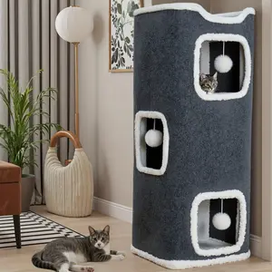 Multi-layer folding cat climbing frame, cat tree tower for indoor use - cat furniture, interactive hanging toy balls, soft and comfortable top bed, square tree hole pet cat villa, all-season warm cat house