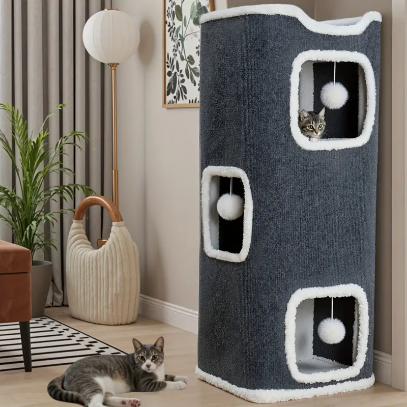 Multi-layer folding cat climbing frame, cat tree tower for indoor use - cat furniture, Kitten Condo, interactive hanging toy balls, soft and comfortable top bed, square tree hole pet cat villa, all-season warm cat house