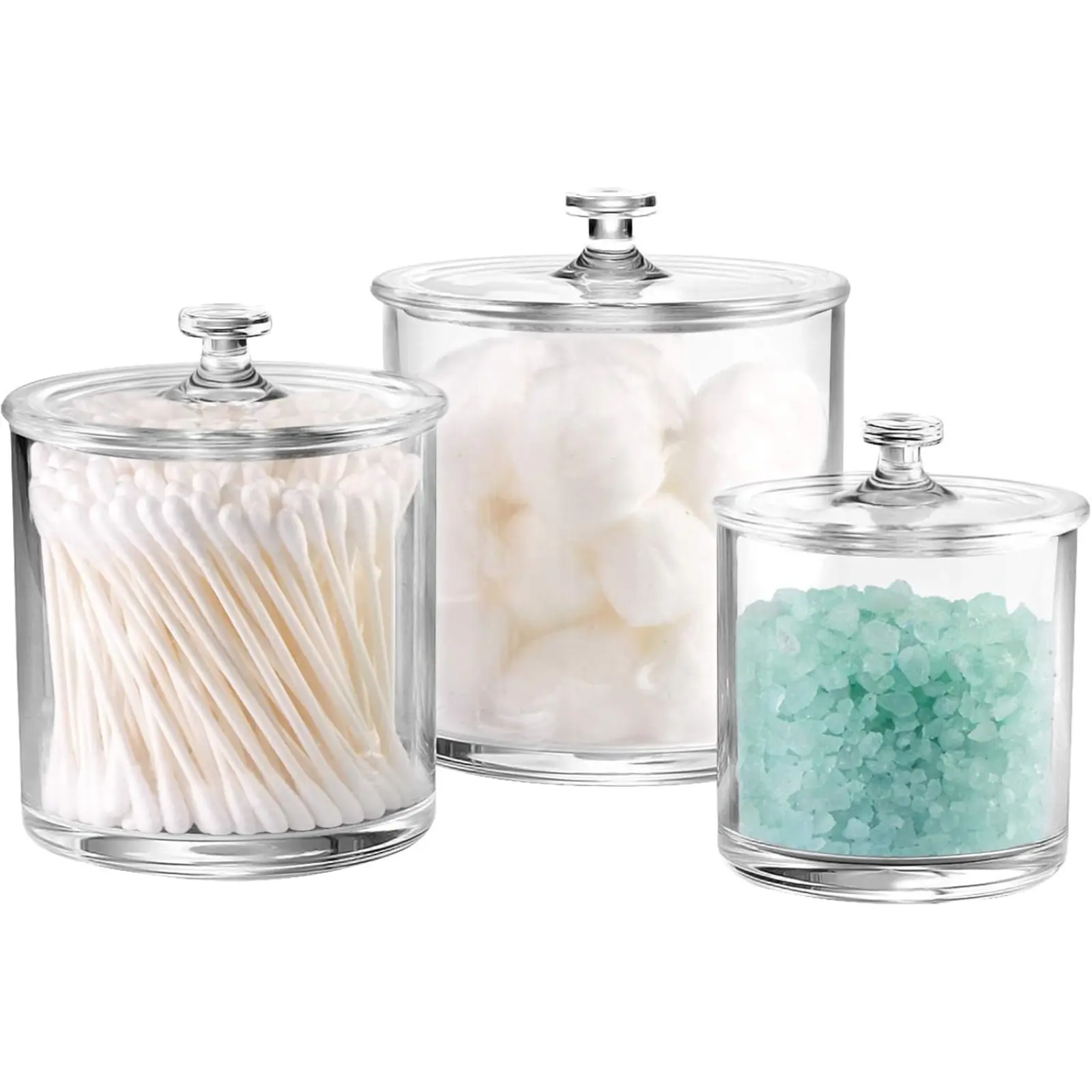 3-Pack Clear Acrylic Apothecary Jars with Lids & Labels - Bathroom Organizers & Storage Bottles for Q-Tips, Cotton Balls