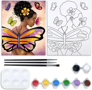 Painting Kit Pre Drawn Canvas for Adult Party Kits with 3 Brushes, 1 Pallet Paint, 8 Acrylic Colors & 8x10 Canvas Butterfly