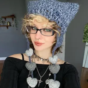 crocheted heart pompom cat ear earflap hat chunky yarn beanie