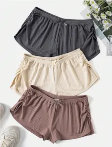 Women's 3pcs Ruched Solid Color Casual Summer Pajama Shorts, Sleepwear Bottom