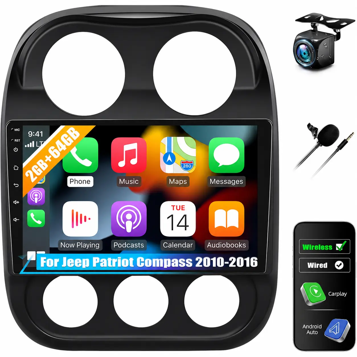 WiFi [2G+64G] Android 15 Car Radio for Jeep Compass Patriot 2010-2016 Car Stereo with Wireless Carplay/Android Auto, 10 Inch HD Touch Screen with GPS Bluetooth FM/RDS EQ SWC Backup Camera MIC, SummerVibes Father's Day Gift