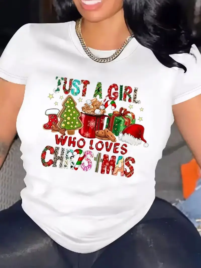 Women Christmas Casual Short Sleeve  Pure Cotton - Comfortable Crew Neck, Soft Adorable Tees Tops