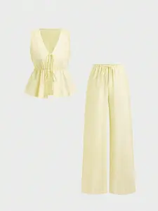 New Summer Striped Trousers Set Casual Everyday Comfortable Holiday Style Sleeveless Lace-up Wide-leg Trousers Two-piece Sets