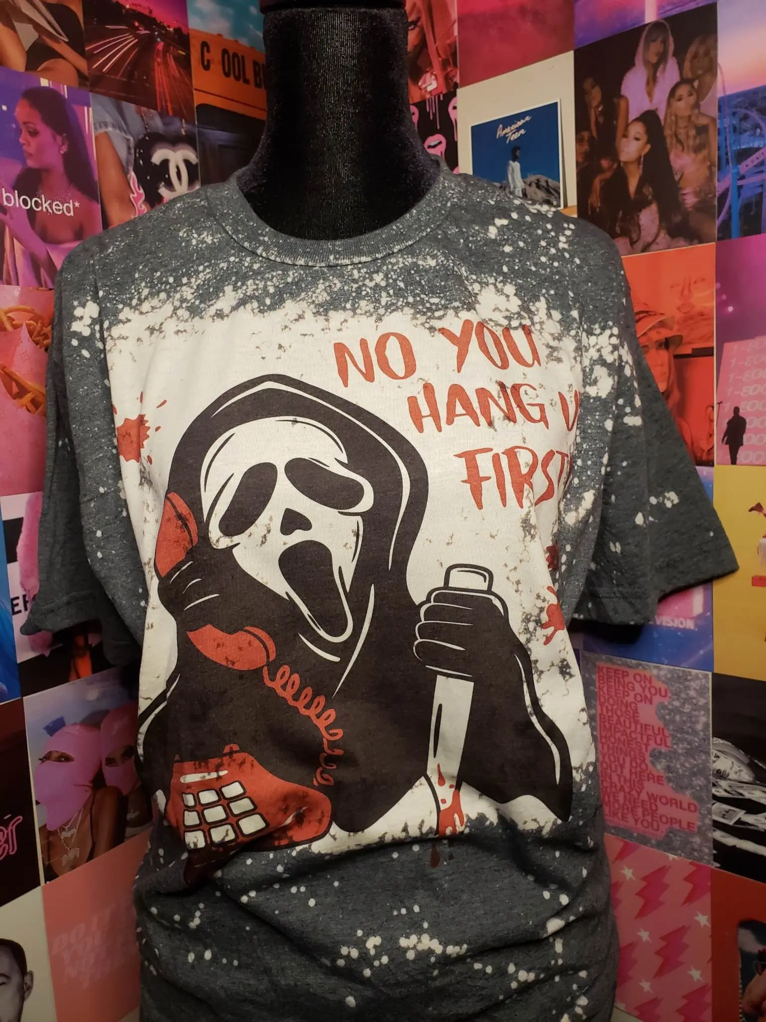 Ghostface Scream inspired bleached dyed tee Acid washed horror fans Halloween Tee scary gifts for her gifts for him retro horror T-shirts 4130