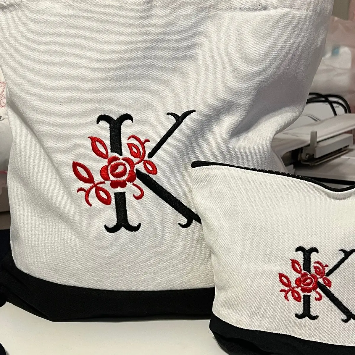 Personalized Embroidery Large Canvas Bag with Matching Makeup Purse Canvas Canvas Canvas