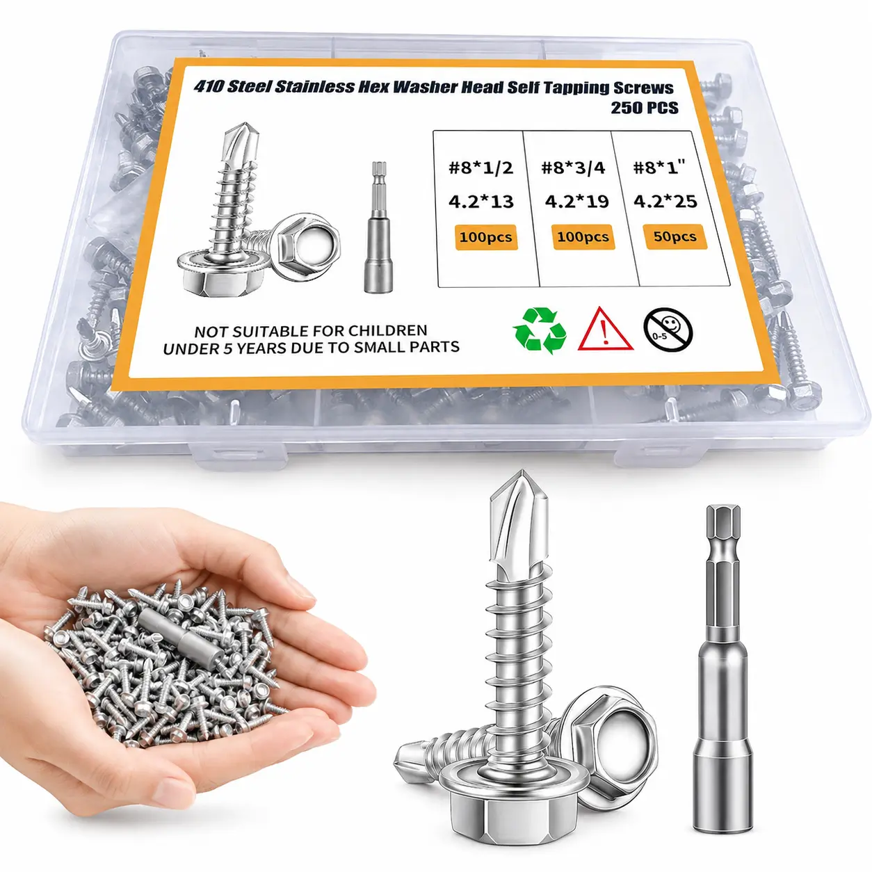 PhotonEra 250PCS 410 Stainless Steel Hex Head Self-Tapping Screws Kit - Multi-Size, Rust Resistant, Self-Drilling Point, Easy to Install for Wood, Plastic, DIY Projects