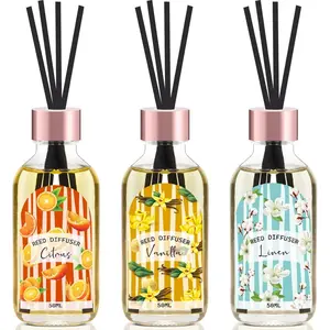 Reed Diffuser Set of 3 Pack, Linen Vanilla Citrus Scented Oil Diffuser with 15 Sticks, Reed Diffusers for Home, Bathroom Air Freshener, 1.7 Fl.oz Each, Total 5.1 Oz