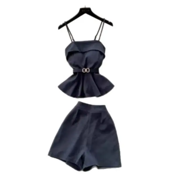 Fashion Two-Piece Set Women Summer Strap Waist-Cinching Ruffle Shorts Petite Outfit