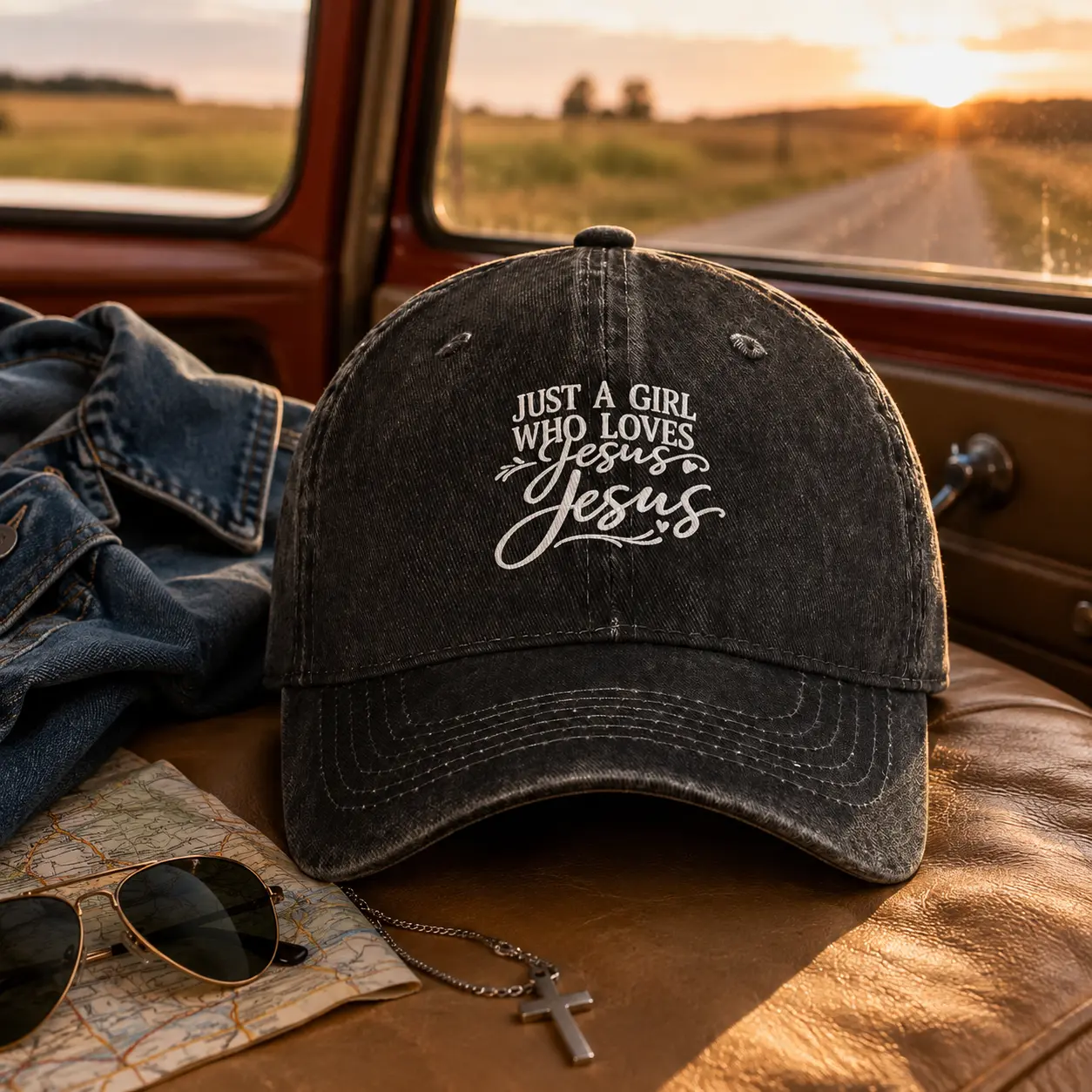Just a Girl Who Loves Jesus Vintage Washed Baseball Cap for Women, Adjustable Black Christian Faith Hat