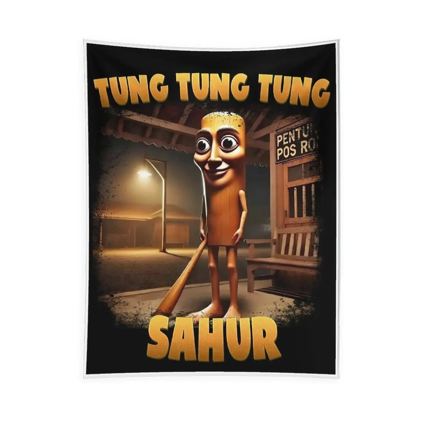 Funny Tung Tung Character Tapestry Wall Hanging, Meme Style Cartoon Wall Art, Viral Internet Humor Decor for Bedroom Gaming Room Party Decoration