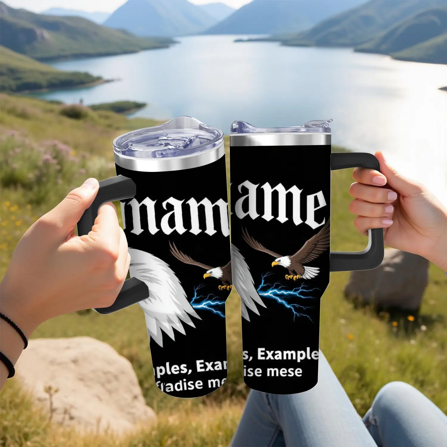 Personalized Black Stainless Steel Tumbler with Eagle and Lightning Design, Custom Name Print, Ideal for Outdoor Camping and Nature Adventures