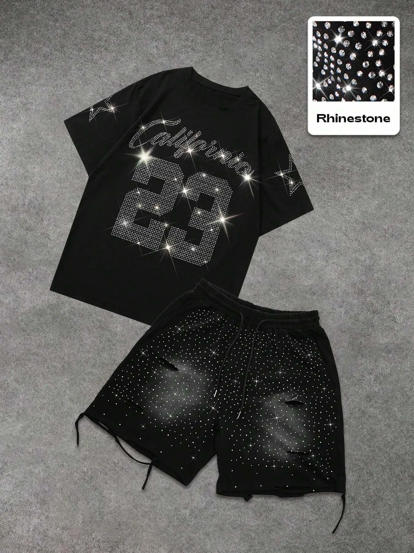 American Street Style Rhinestone Matching Set Outfit, Casual Loose-Fit Baggy Short Sleeve Top & Shorts, Breathable Summer, Trendy 23 Number Design, Streetwear