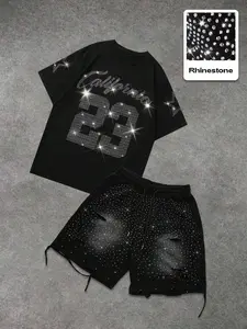 American Street Style Rhinestone Set, Casual Loose-Fit Short Sleeve Top & Shorts, Breathable Summer, Trendy 23 Number Design