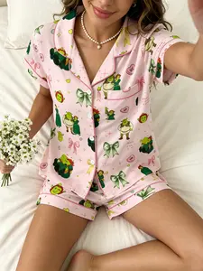 Women's Bow Cartoon Print Pajama Set, Short Sleeve Top + Shorts, Cute Heart Pattern, Soft Breathable, Ideal for Daily Wear & Gifts