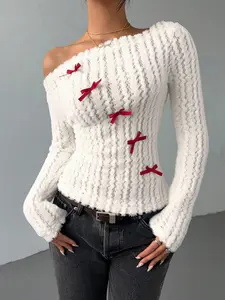 Valentine's Day Women's Bow Decor Asymmetrical Neck Tee, Cute Long Sleeve Top for Fall & Winter, Women's Clothing for Daily Wear