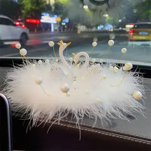 Elegant Swan Dashboard Ornament with Pearls and Rhinestones Car Charm