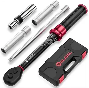 Spark Plug Socket Set with Torque Wrench – 3/8" Drive Magnetic Swivel Sockets, 5–45 ft-lb Adjustable Torque, Extension Bar for Car Maintenance