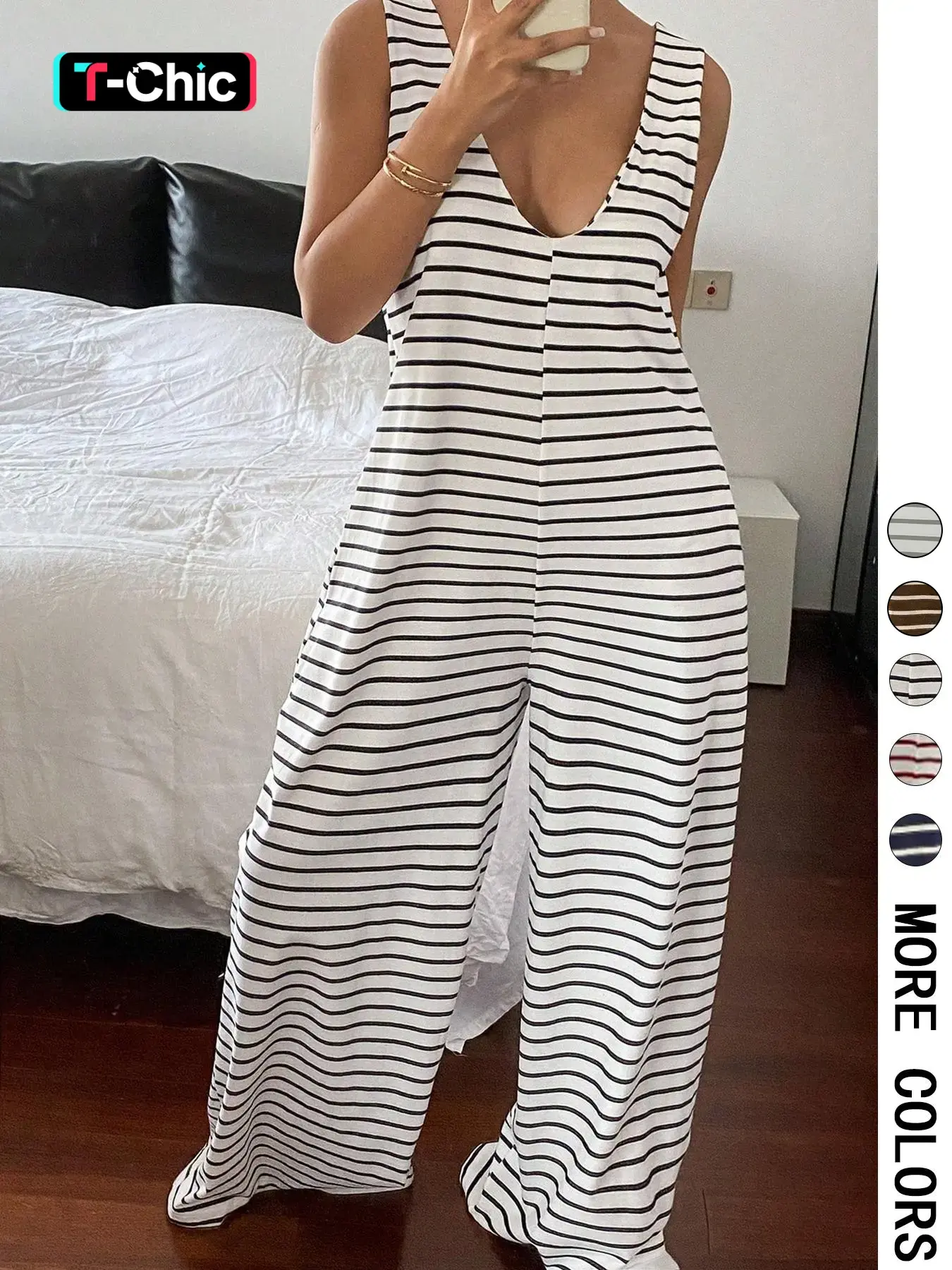 Striped Sleeveless Loose-Fitting Knit Jumpsuit, Casual Overalls, Casual Baggy Jumpsuit, Casual Comfortable One-Piece, Spring & Fall Fashion, Non-Positional Lines Design, Casual Basic Jumpsuit