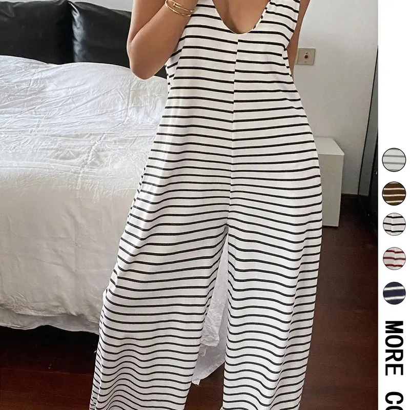 Striped Sleeveless Loose-Fitting Knit Jumpsuit, Casual Overalls, Casual Baggy Jumpsuit, Casual Comfortable One-Piece, Spring & Fall Fashion, Non-Positional Lines Design, Casual Basic Jumpsuit