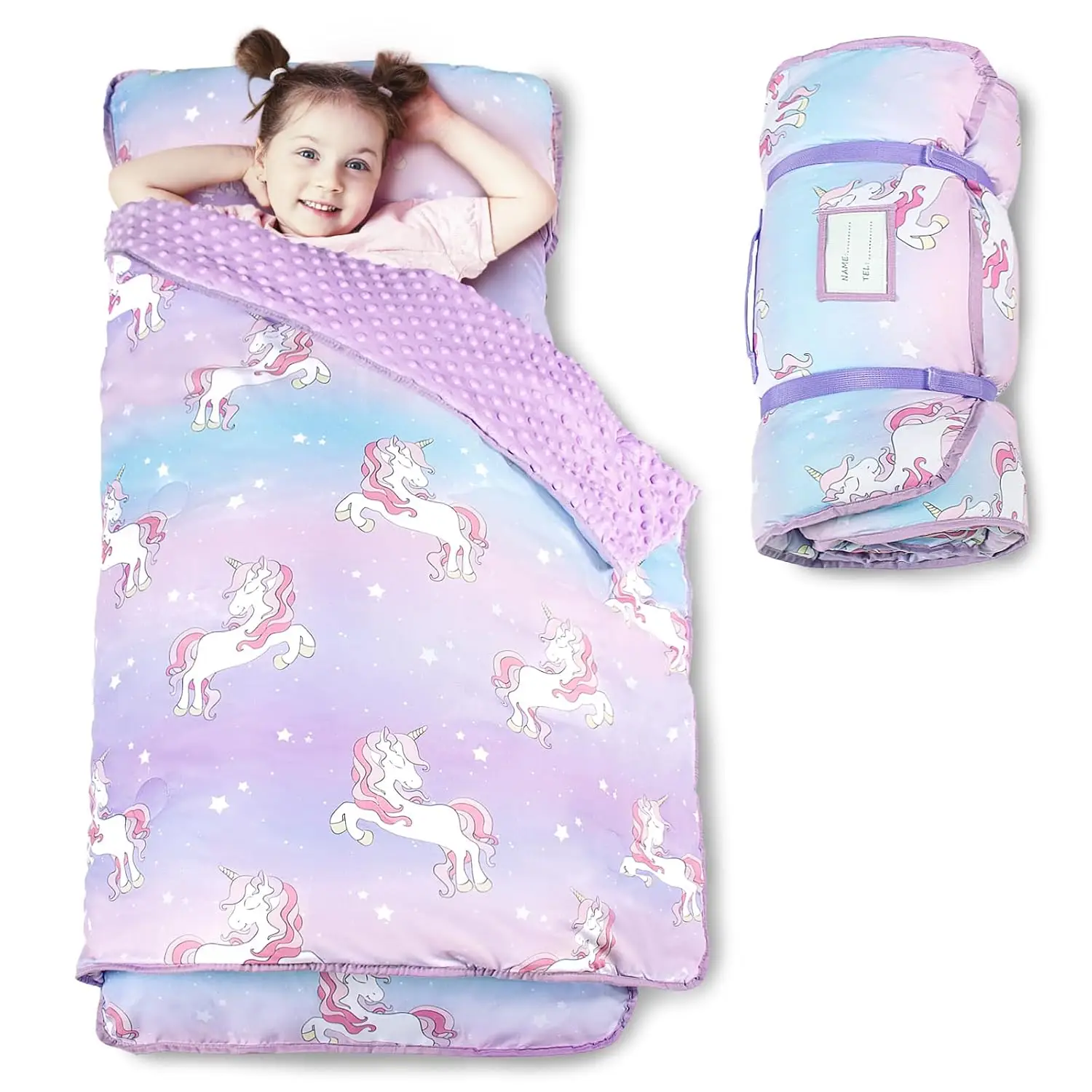 Toddler Nap Mat with Removable Cover, 55"x22" Kids Sleeping Mat for Travel, Thick Kids Nap Matt with Soft Minky Dots, Name Tag Included for Preschool