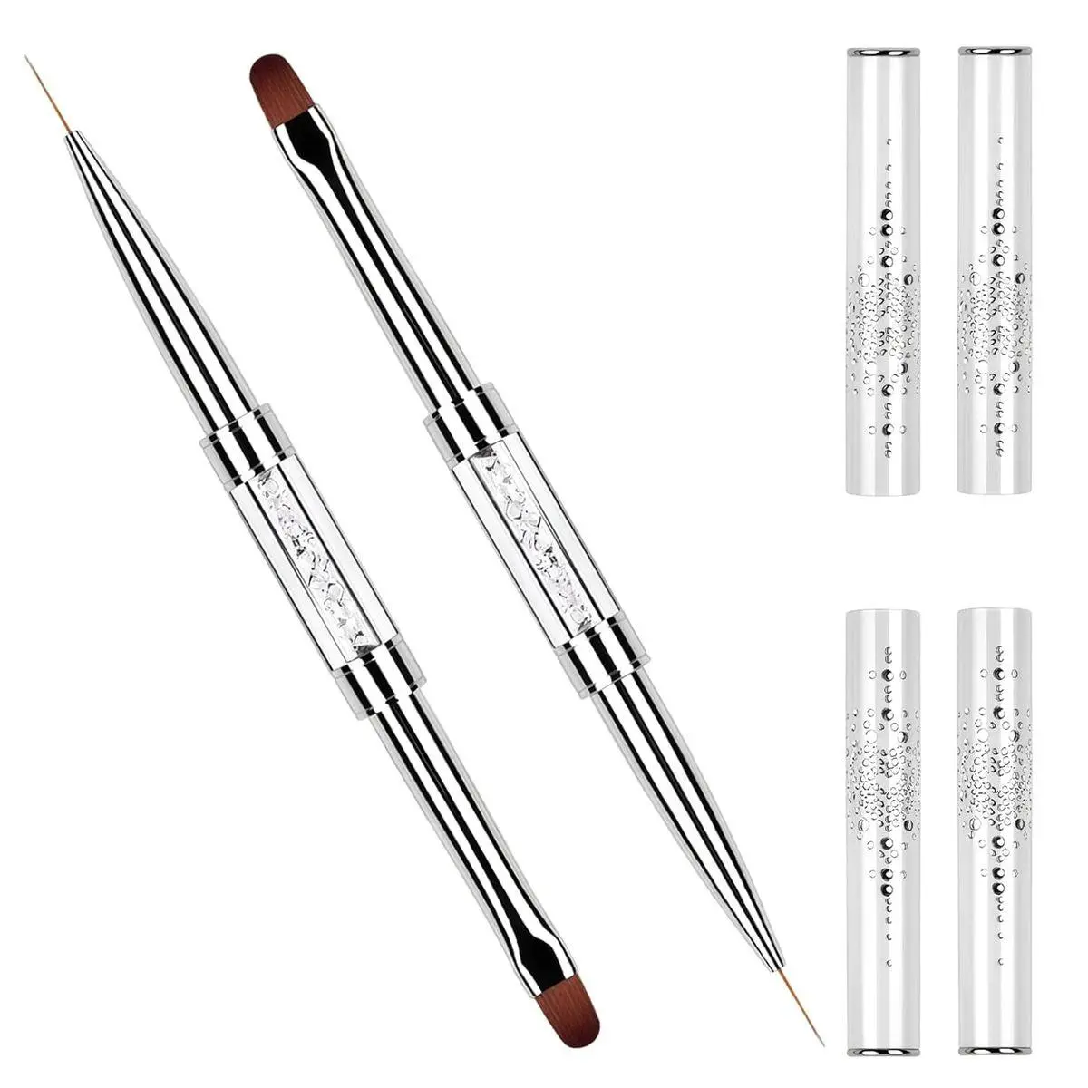 2Pcs Professional Hard Gel Nail Brushes, Dual-Ended Builder Gel Brush Set with Rhinestone Handle, Oval & Liner Brushes for French Tip, Acrylic & Polygel Application