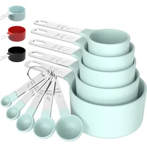 Green Measuring Cups & Spoons Set Stackable Nesting Stainless Steel Handle Cooking Baking Kitchen Gadget