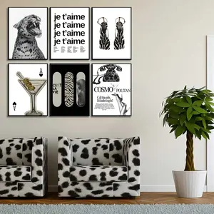 6pcs/set Doberman & Leopard Black White Grey Animal Portrait Canvas Wall Art Set - Modern German Shepherd Inspired Posters