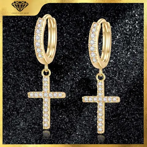 Women's 14K Gold Plated Minimalist CZ Accent Cross Drop Dangle Huggie Hoop Earrings - 10mm Stack-Friendly Size, Lightweight Hypoallergenic, Everyday Shine Low-Fuss, Bridesmaids Anniversary Gift, Silver Cross Earrings