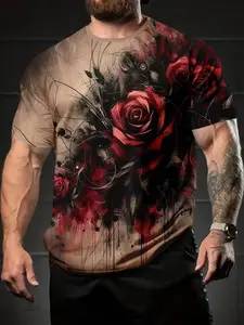 Men's Printed T-Shirt with Vibrant Round Neck Design and Short Sleeves, Valentine's Day Rose Doodle 3D Print, Summer Outdoors and Casual Wear