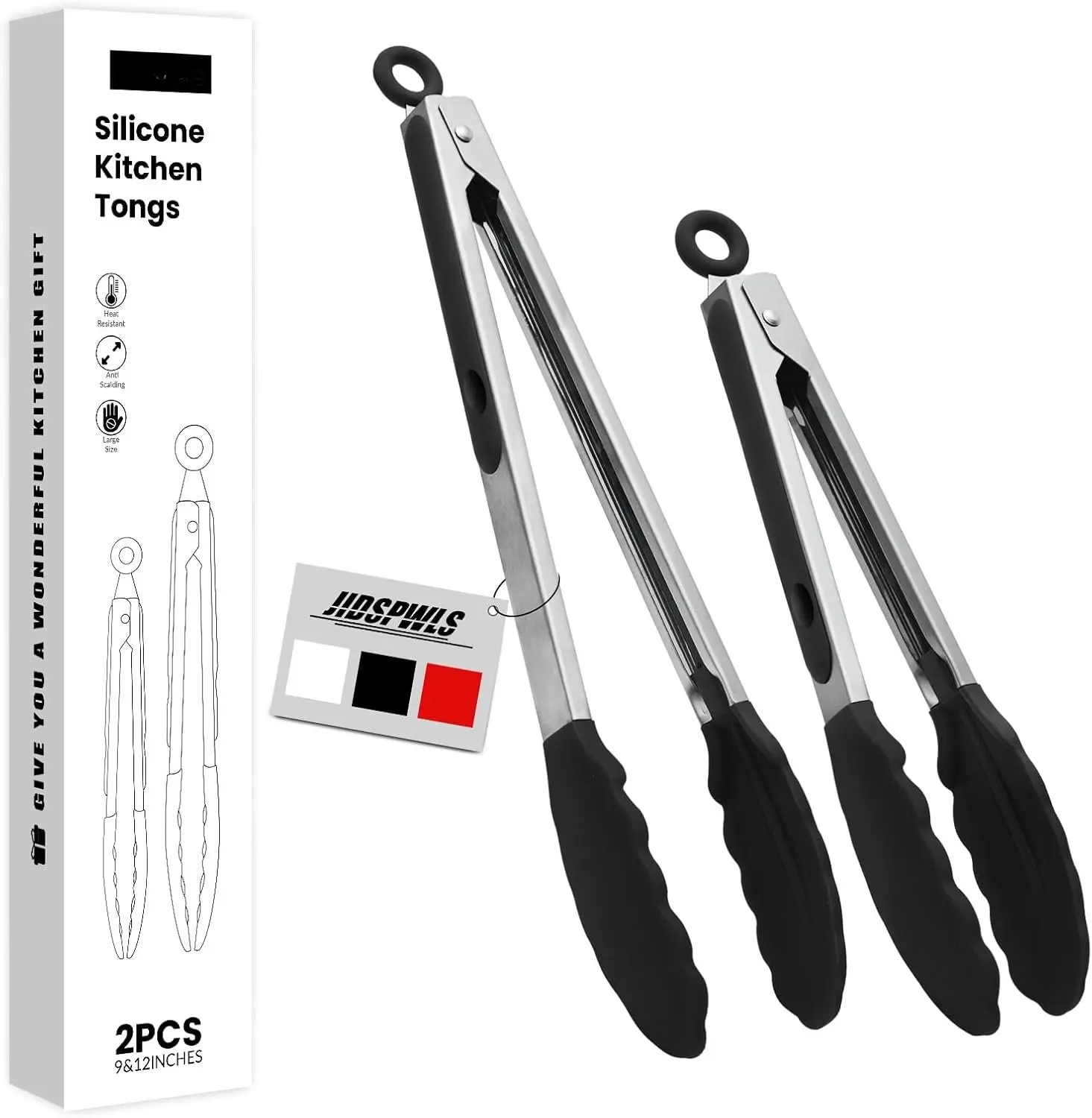 2 Pack Black  Stainless Steel Heat Resistant Kitchen Tongs for cooking,set of 9" and 12",Non Scratch  cooking Tong Tip for Cooking Pans, Grip BBQ tongs for Grabbing Hot