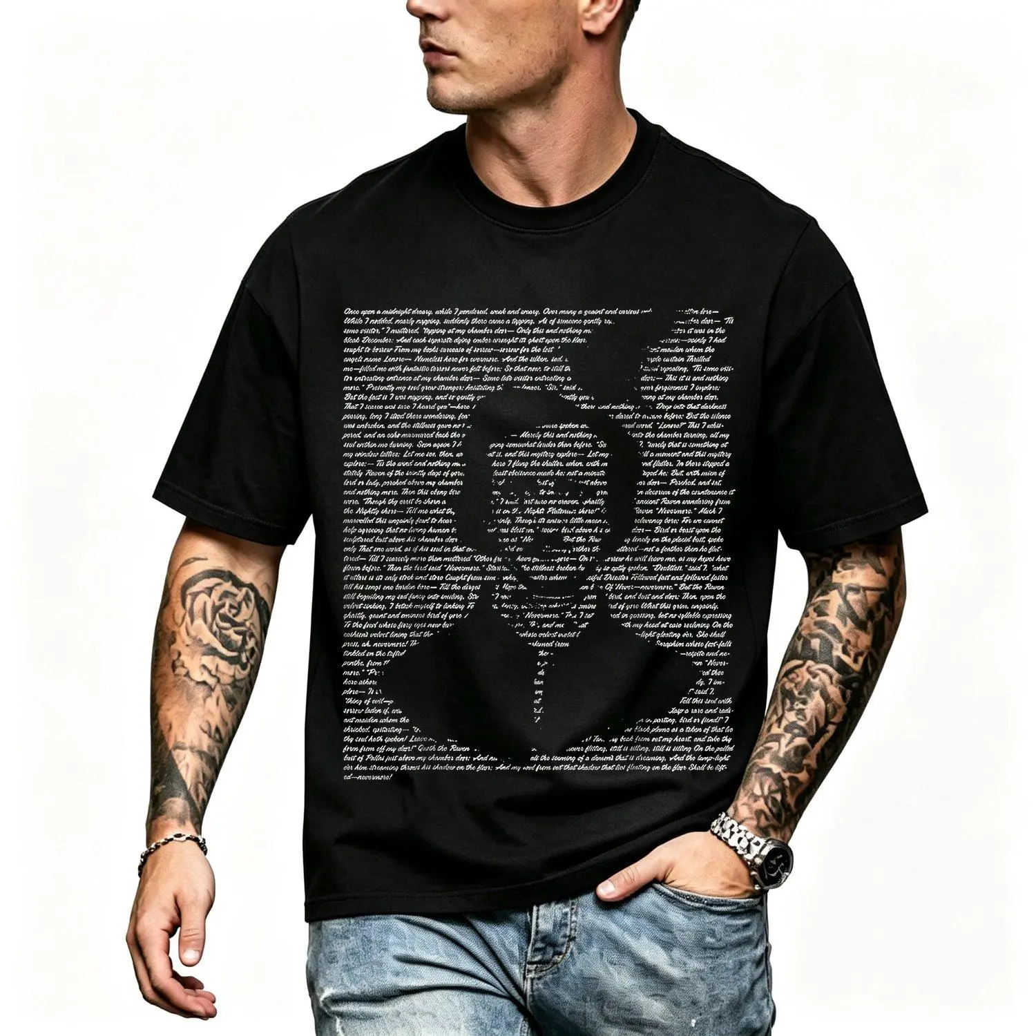 Men's Short-Sleeve Round Neck Casual Menswear Top, Edgar Allan Poe The Raven Nevermore Gothic Vintage Literary Horror Classic Illustration Graphic Shirt, Shortsleeve, Tops