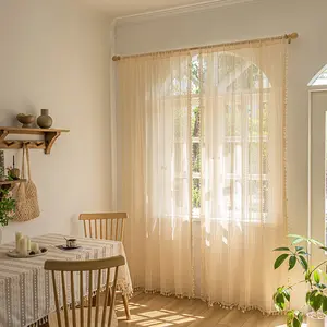 Bohemian Lace Curtains Set of 2, with Fringe Embroidery, Top Rod Hanging, Home Decor for Living Room Kitchen Dining Room, Window Curtain