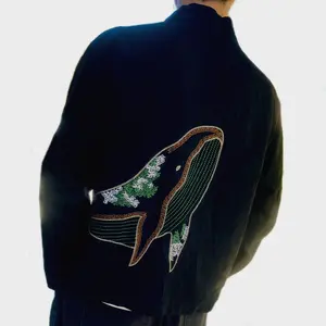 Unisex Japanese Stylish Embroidered Whale Back noragi kimono Sense Cotton Linen cardigan Loose Light jacket