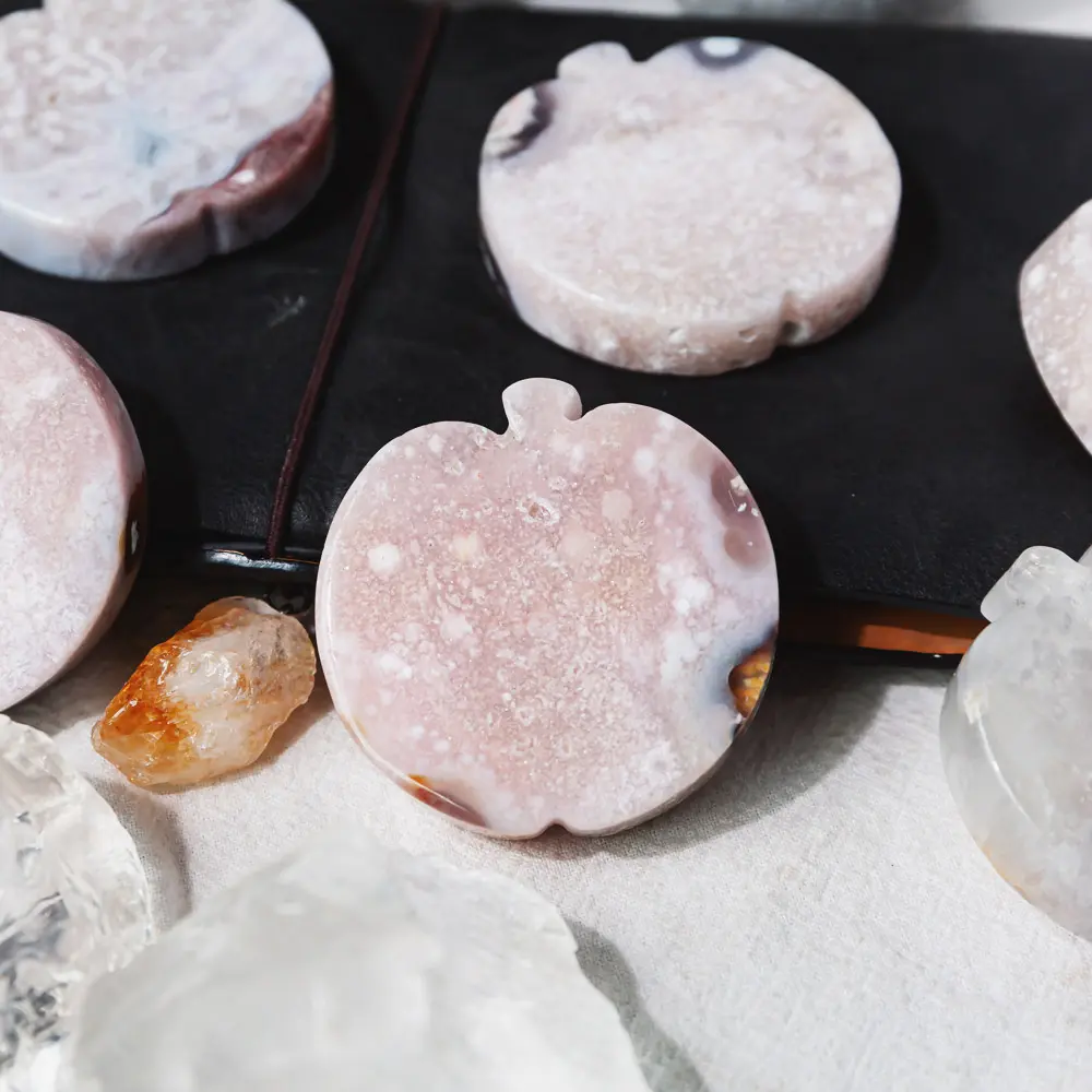 Pink Amethyst x Flower Agate Crystal Apple Slice – Natural Healing Stone Decor