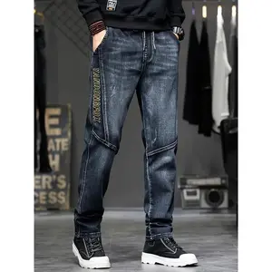 Men'S Slim-Fit Embroidered Denim Jeans with Adjustable Drawstring Waist - Stretch Straight-Leg Pants for Fall/Winter, Casual Casual Attire, Light Blue Washed Design, Comfortable Fashion, F Durable Fabric trouser operator pocket tiktok  shop  fadhion