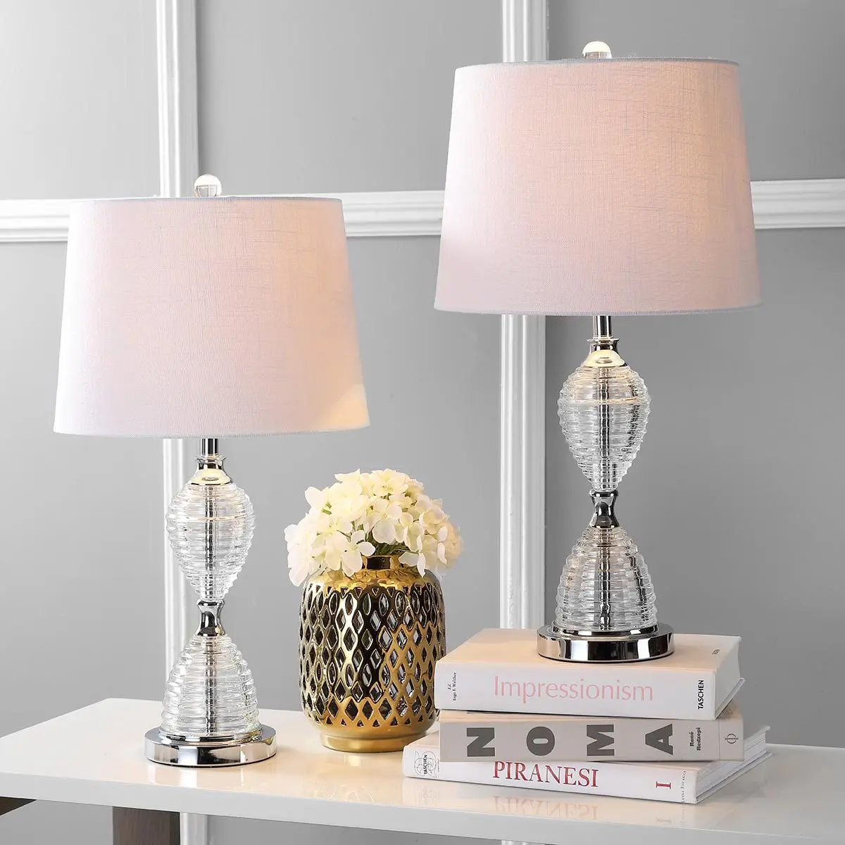 JONATHAN Y Aubrey 24" Crystal Base Table Lamps (Set of 2) - Clear, Chrome Metal Finish, White Cotton Shade, Rotary Switch, LED Bulbs Included for Bedroom Bedside Table