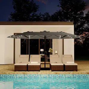 [FLASH SALE] Garvee 15' Solar-Powered Patio Umbrella with 36 LED Lights, Double-Sided Design & Cross Base for Poolside, Deck, Backyard, Grey