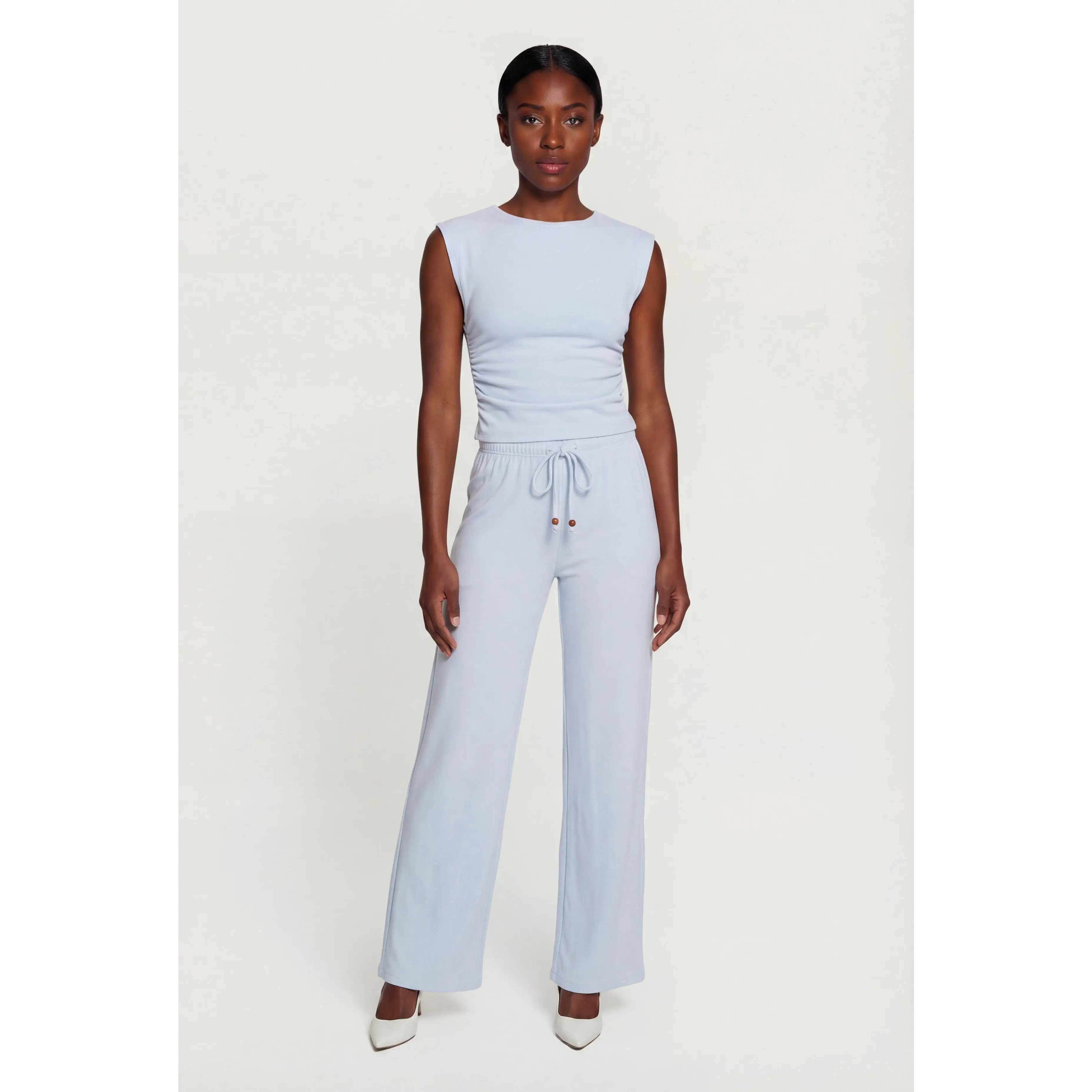 Brushed Rib Knit Drawstring Waist Wide Leg Pants