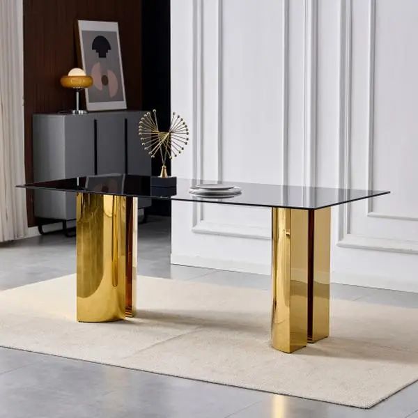 【Bellemave】 （excluding chairs）70.00 Inch Rectangular Dining Table, Modern Style, Black Tempered Glass Tabletop, Gold Stainless Steel Legs, Mirror Finish, Suitable For 4-6 People