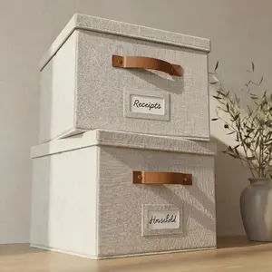 Decorative File Organizer Box Set of 2 - Collapsible Linen Filing Cabinets with Handles, Perfect to Store Your Documents & Hanging File Folders, Portable Easy Slide Crates with Lid