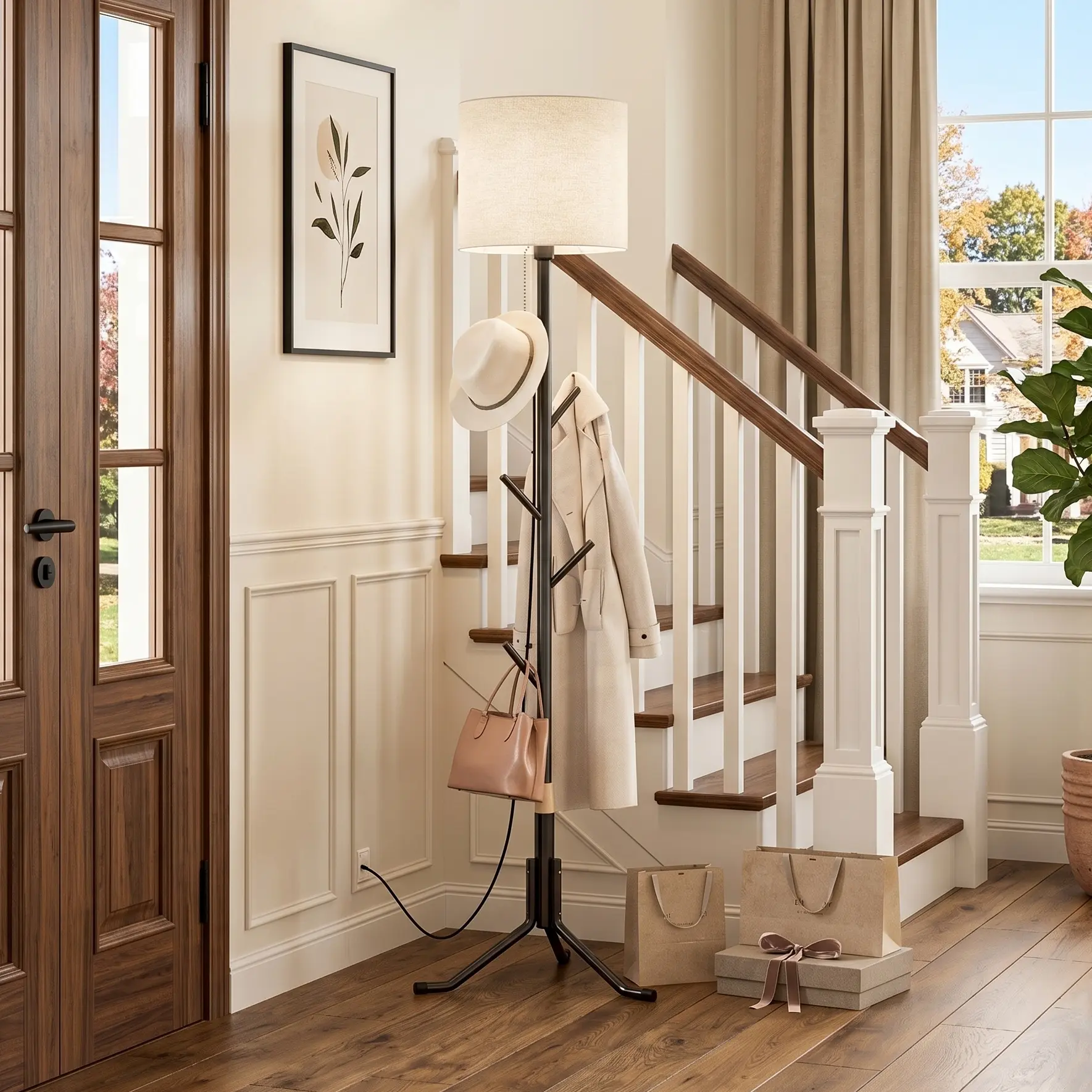 Metal Entryway Organizer LED Floor Lamp With 5-Hook Coat Rack