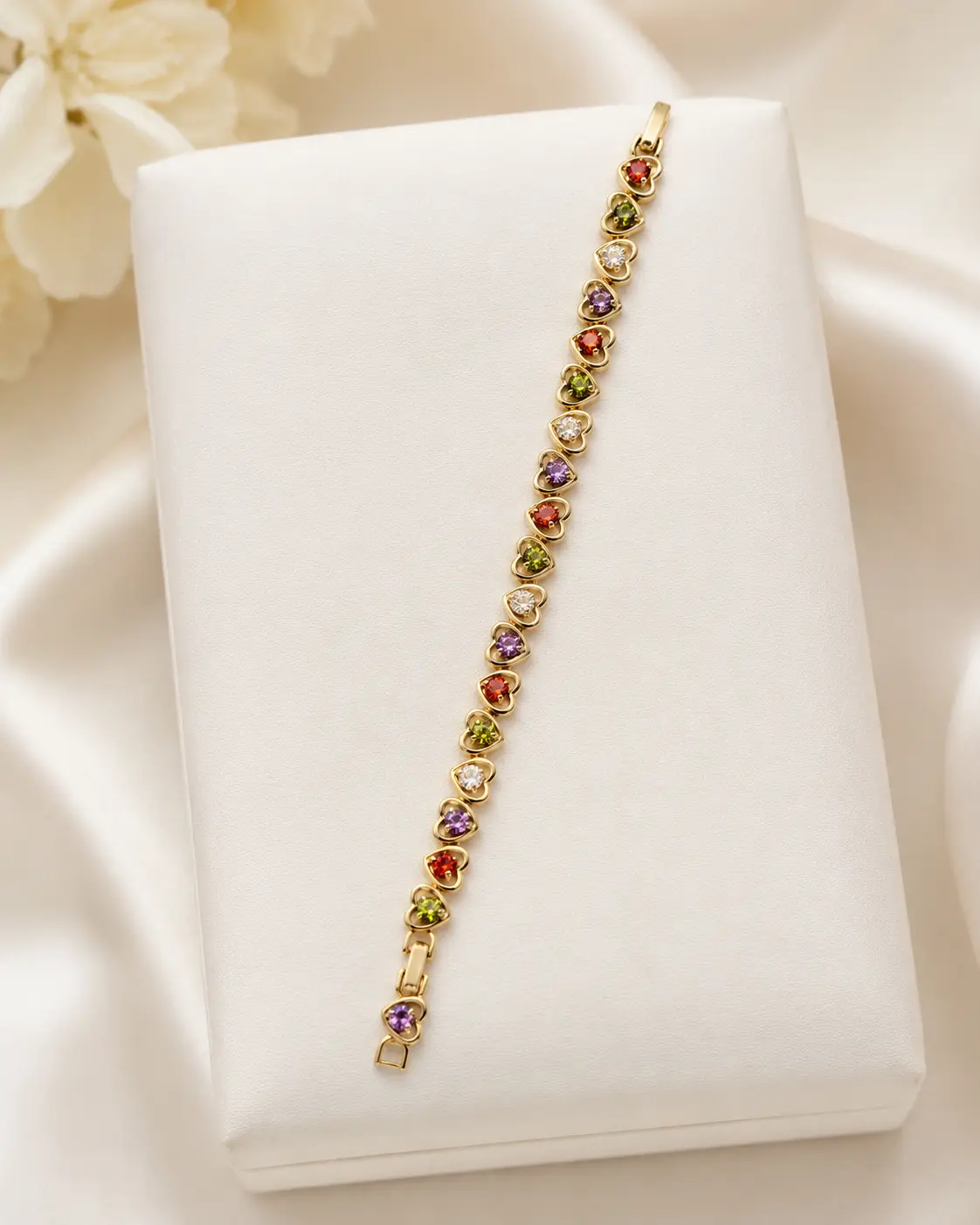 Rainbow Heart Sparkle Bracelet 7.5” 14k Gold Plated