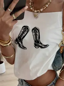 Western Cowboy Boot Print Women's Off-Shoulder T-Shirt, Y2K Style Top, Vintage Street Inspired Fashion, Casual Daily Wear, Comfortable Fabric