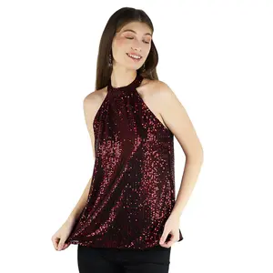 Artyska Women's Party Cocktail Club Sleeveless Sparkle Vest Tank Camisole Sequin Halter Tops Red L