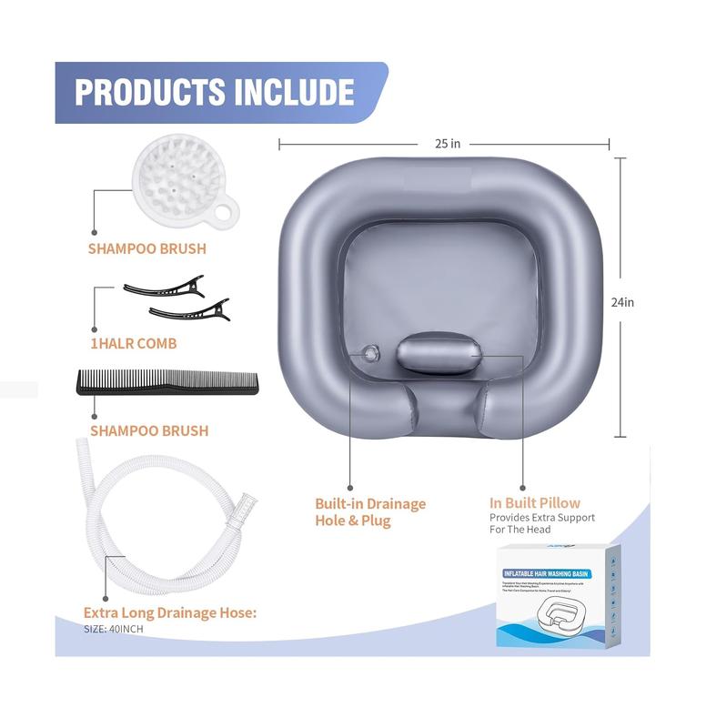 Inflatable Shampoo Basin for Bedridden, Disabled, and Injured - Portable Hair Washing Tub for Dreadlocks and Sink Washing (Silvery)