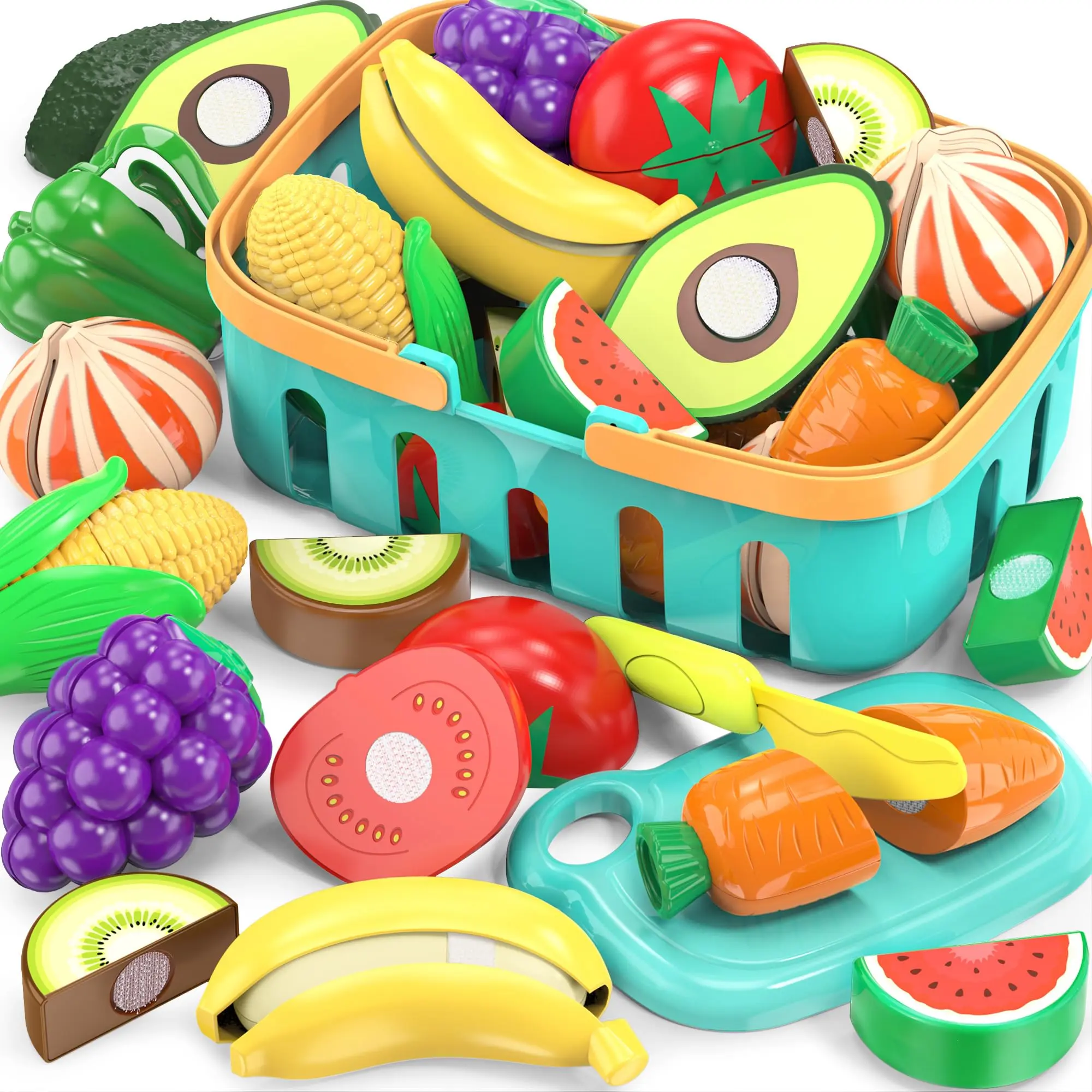 Cutting Play Food Toys - Fake Fruits/Vegetables Set with Shopping Basket, Plastic Board & Knife for Toddler Children, Educational Birthday Gift